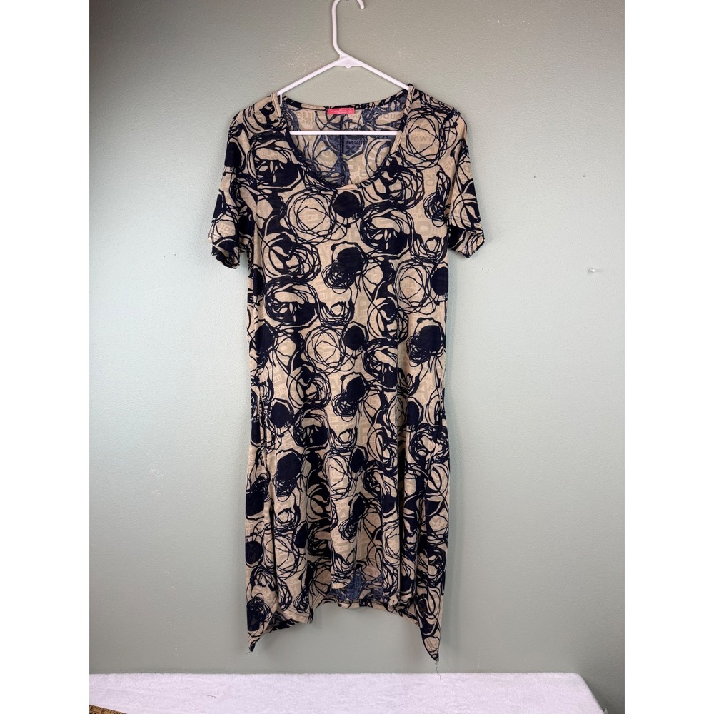 Simply Aster by Firmiana Tan Black Abstract Swirl Handkerchief Hem Dress M